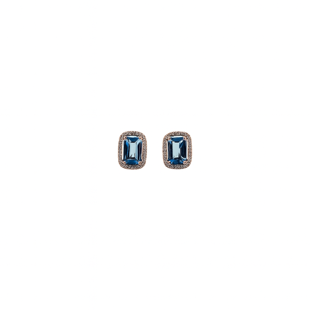 Aretes Cuadro Topacio London Blue Con Halo De Diamantes