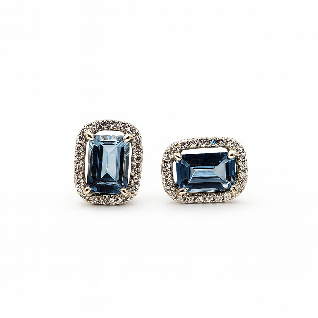 Aretes Cuadro Topacio London Blue Con Halo De Diamantes